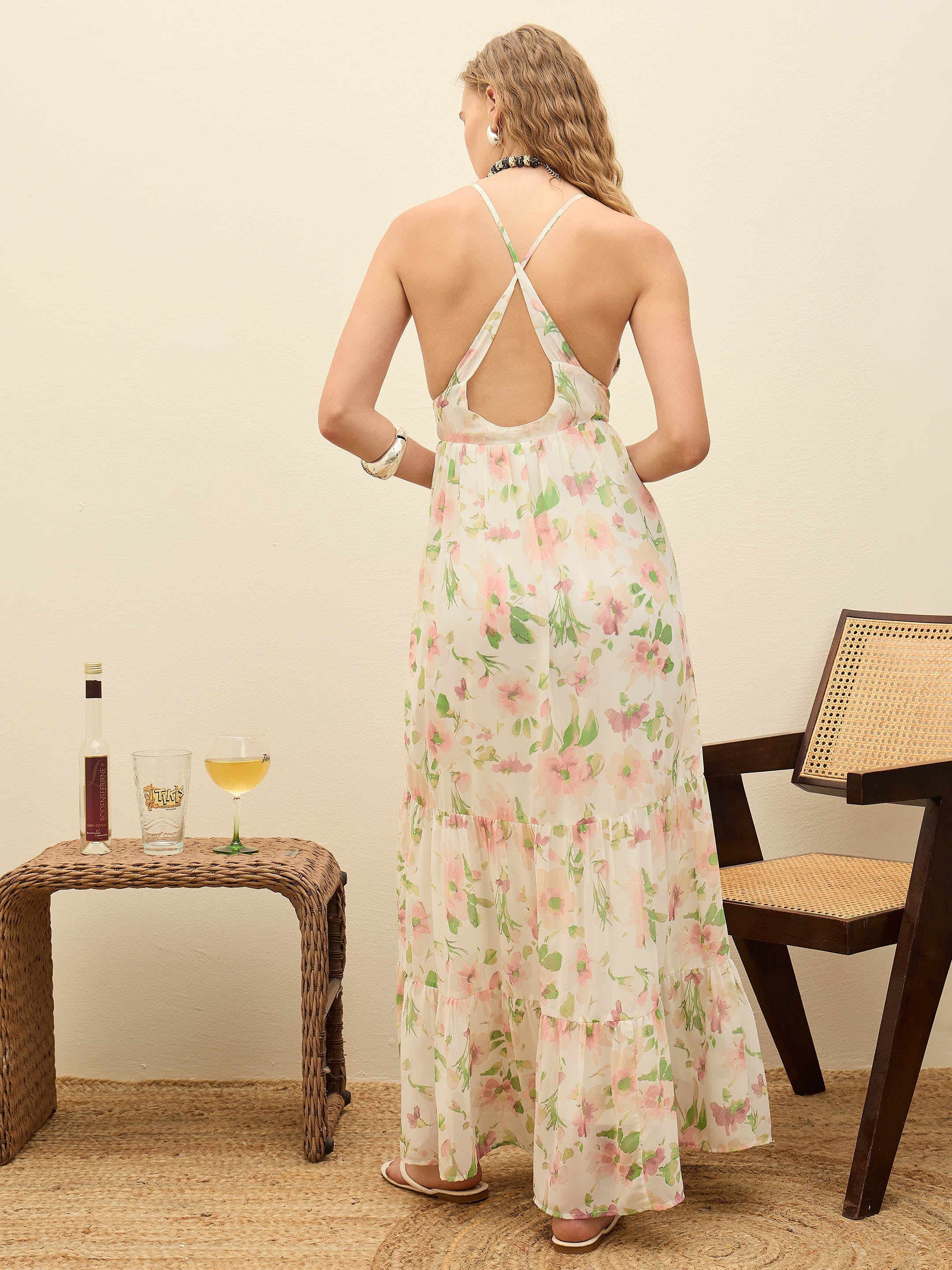 Women White Floral Back-Cut Out Maxi Dress-SFDRSS12991