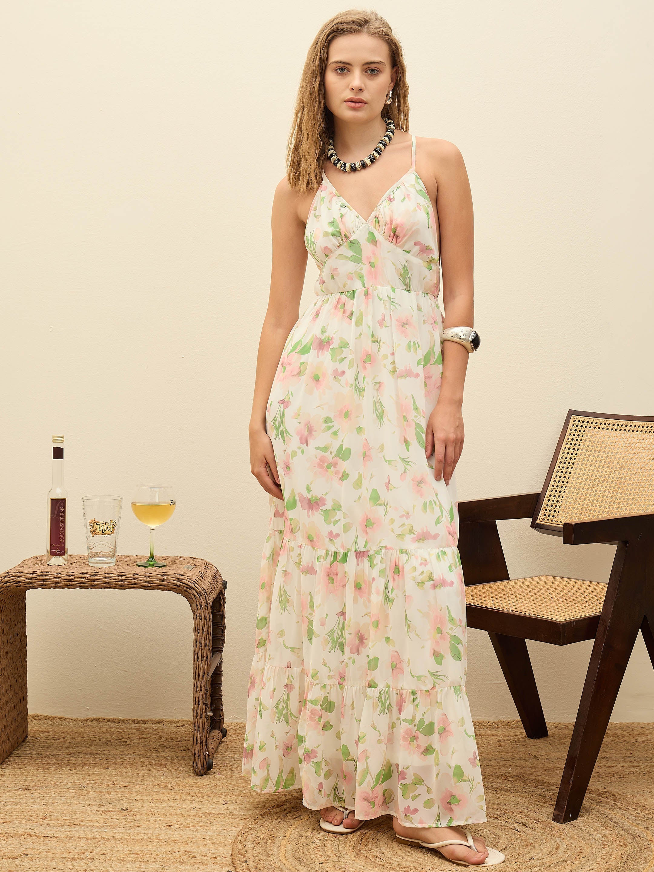 Women White Floral Back-Cut Out Maxi Dress-SFDRSS12991