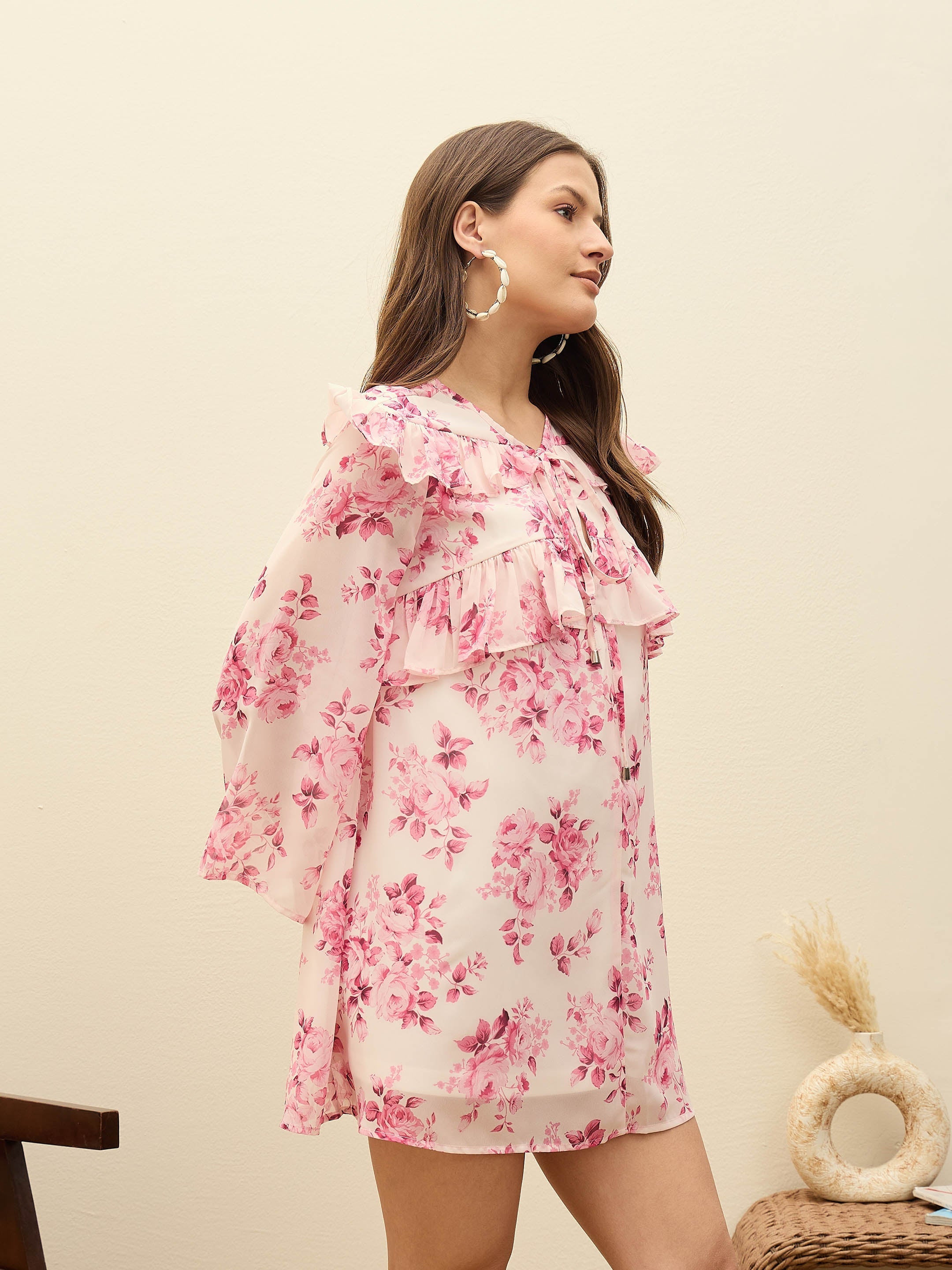 Women Pink Floral A-Line Short Dress-SFDRSS12993
