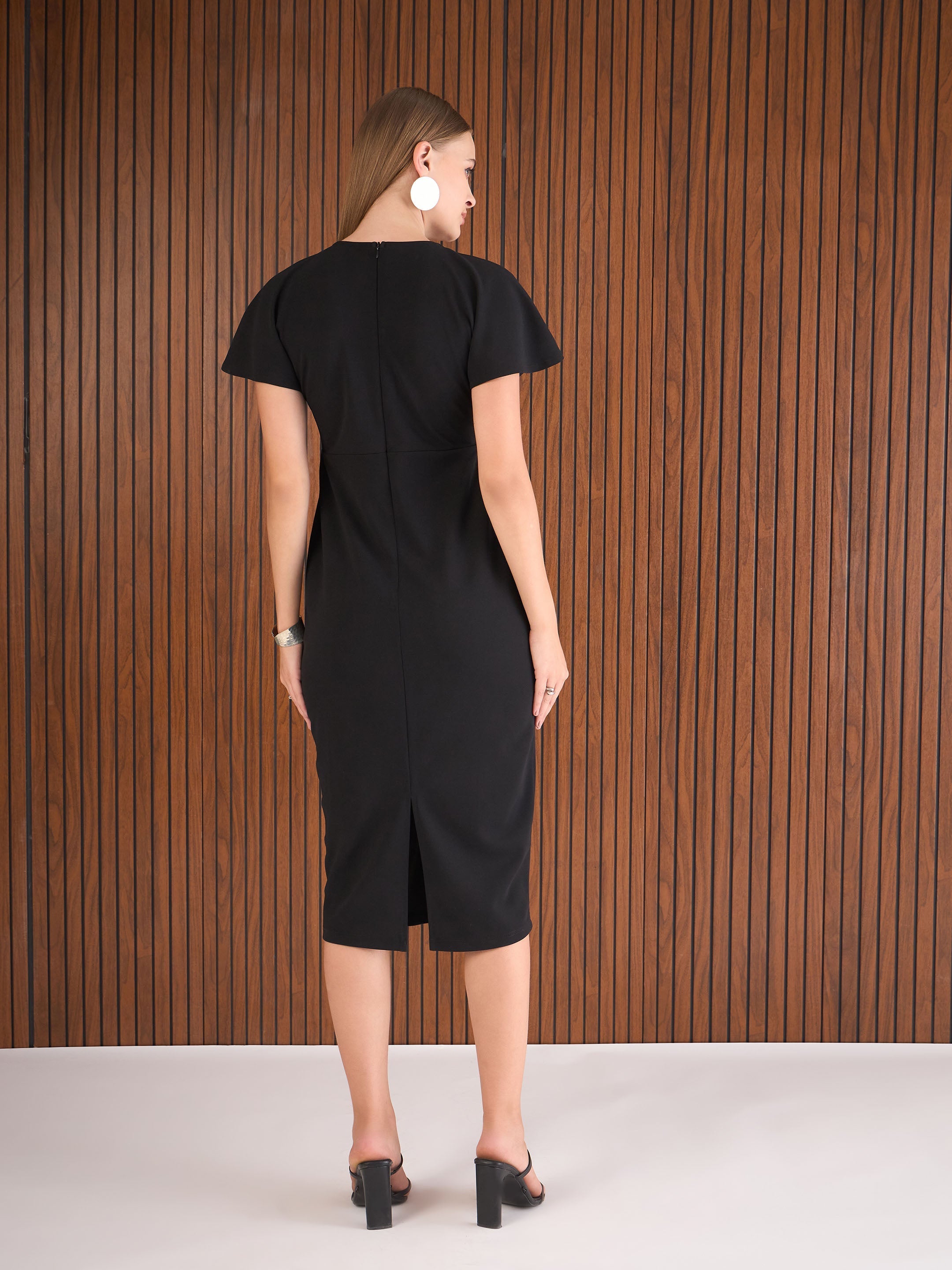 Women Black V-Neck Bodycon Dress-SFDRSS12996