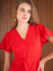 Women Red V-Neck Bodycon Dress-SFDRSS12997