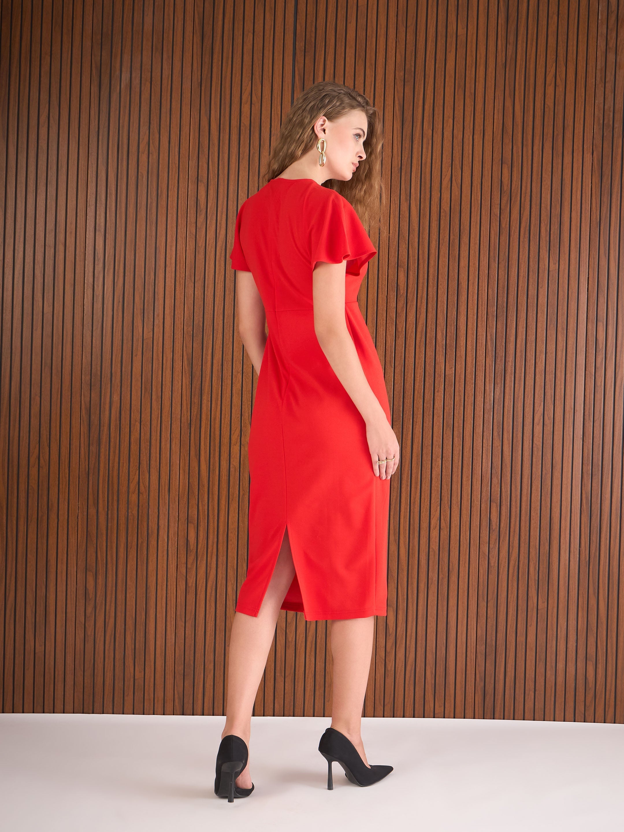 Women Red V-Neck Bodycon Dress-SFDRSS12997