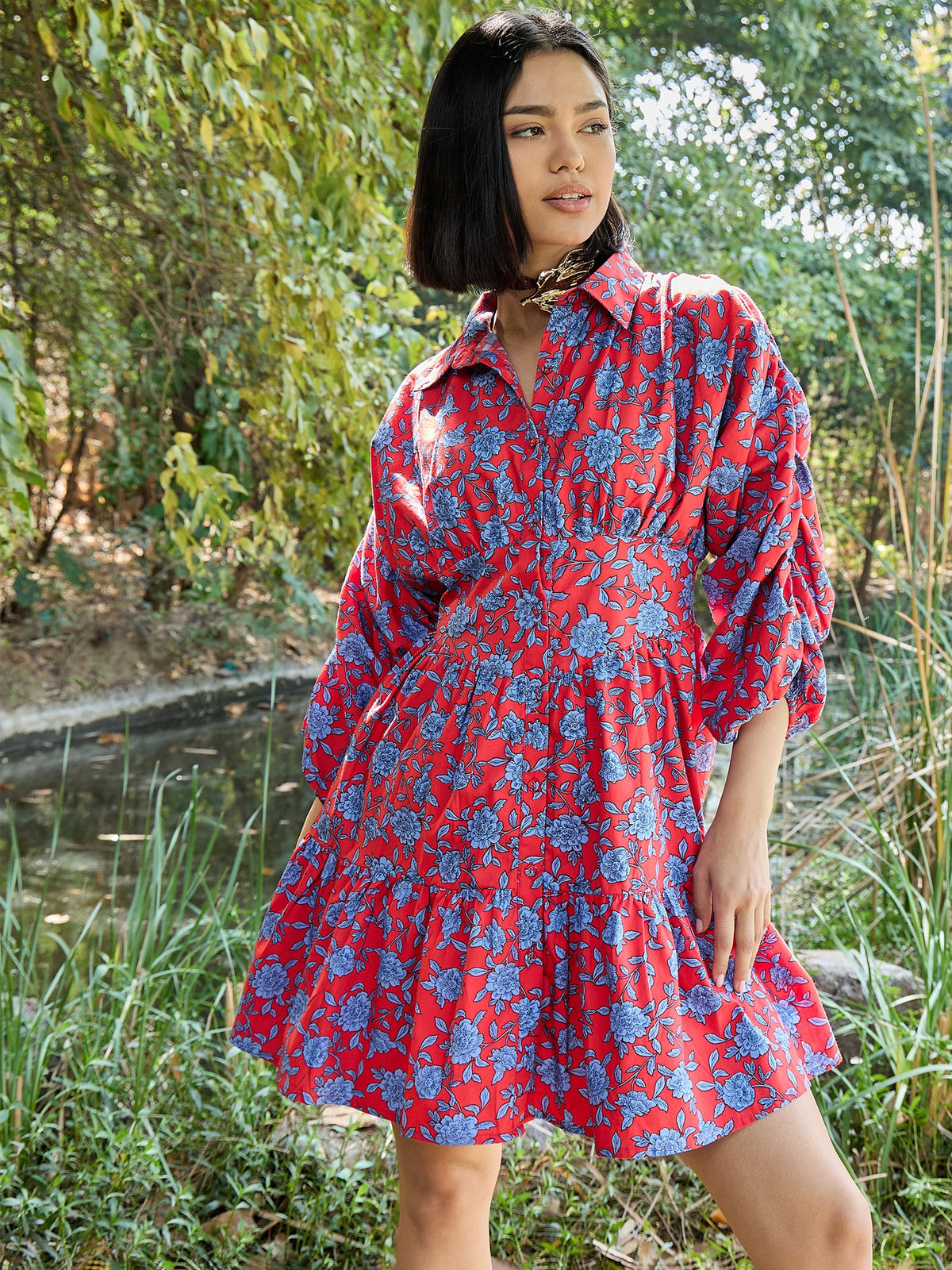 Women Red & Blue Floral Ruched Sleeves Short Dress-SFDRSS13001