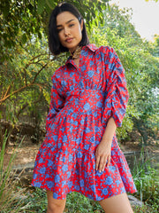 Women Red & Blue Floral Ruched Sleeves Short Dress-SFDRSS13001