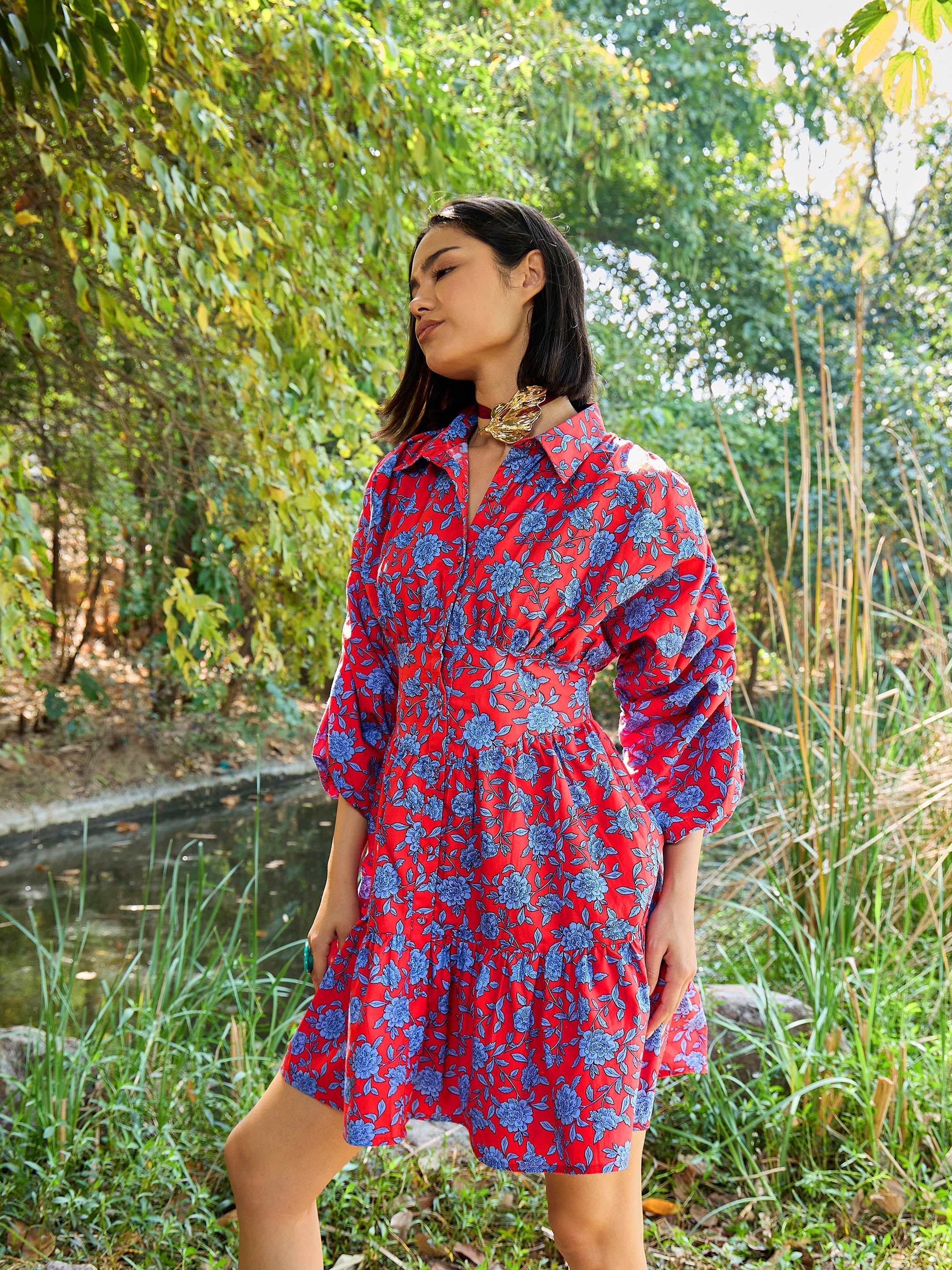 Women Red & Blue Floral Ruched Sleeves Short Dress-SFDRSS13001