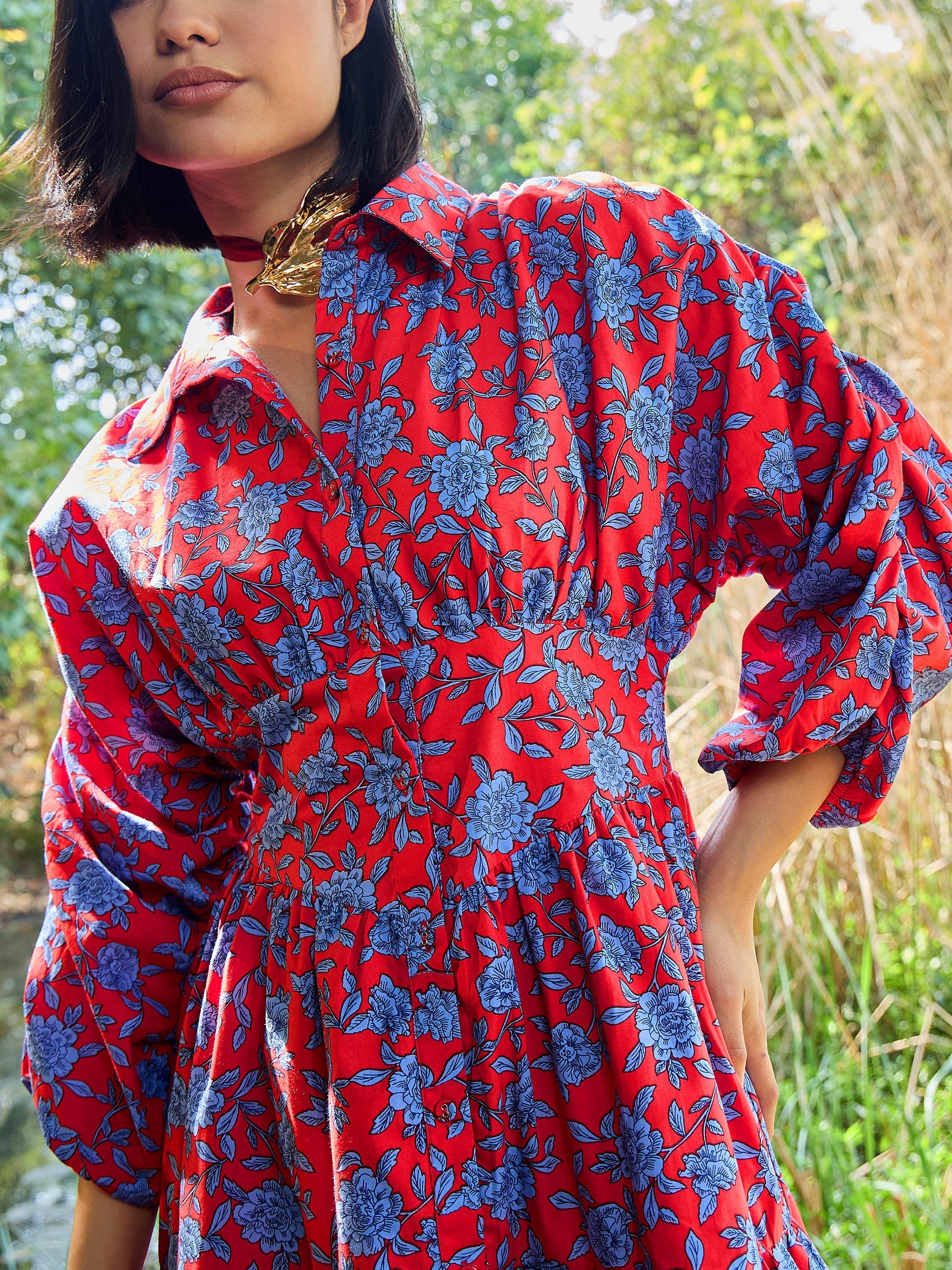 Women Red & Blue Floral Ruched Sleeves Short Dress-SFDRSS13001