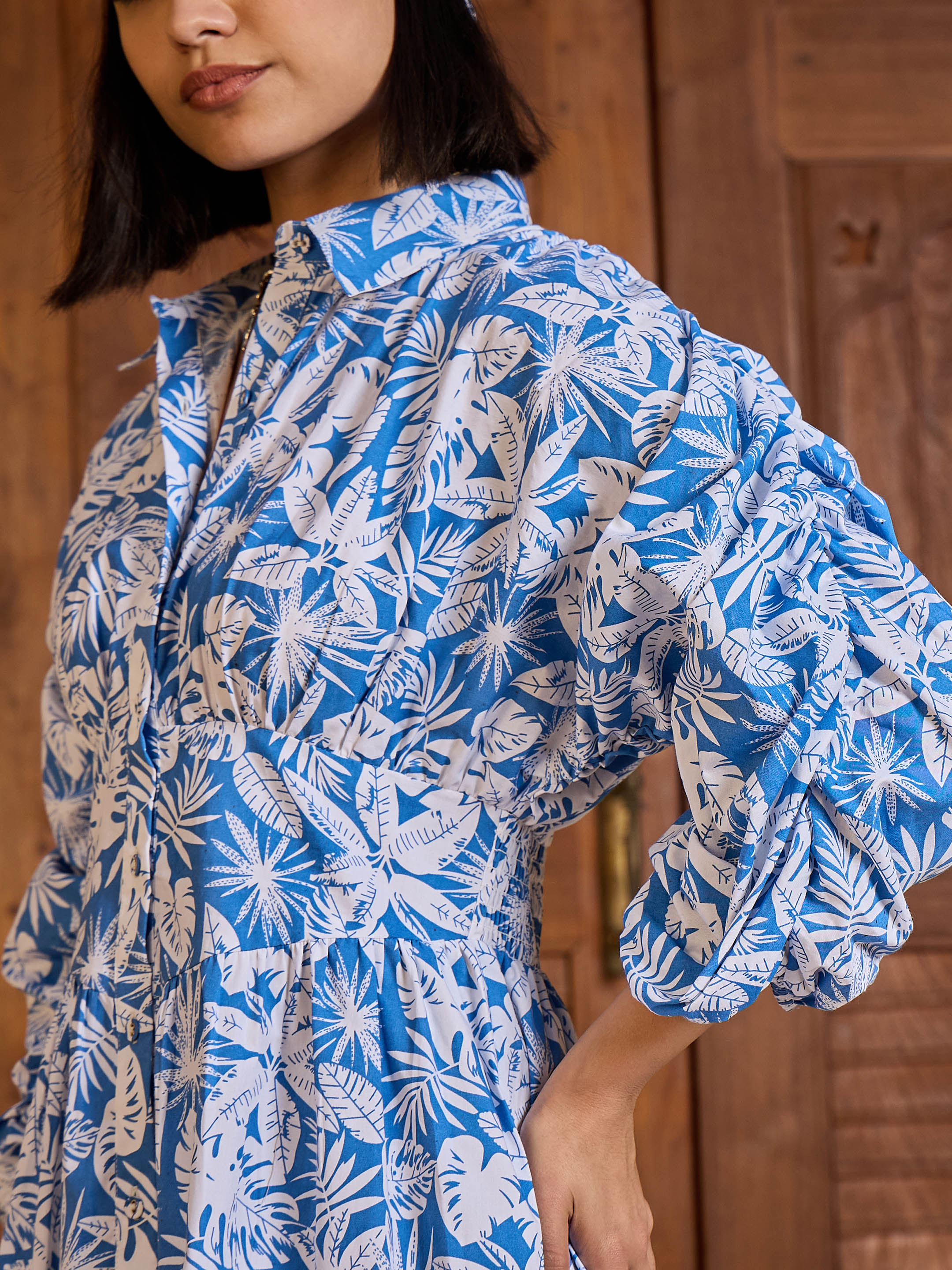 Women Blue &White Floral Ruched Sleeves Short Dress-SFDRSS13002