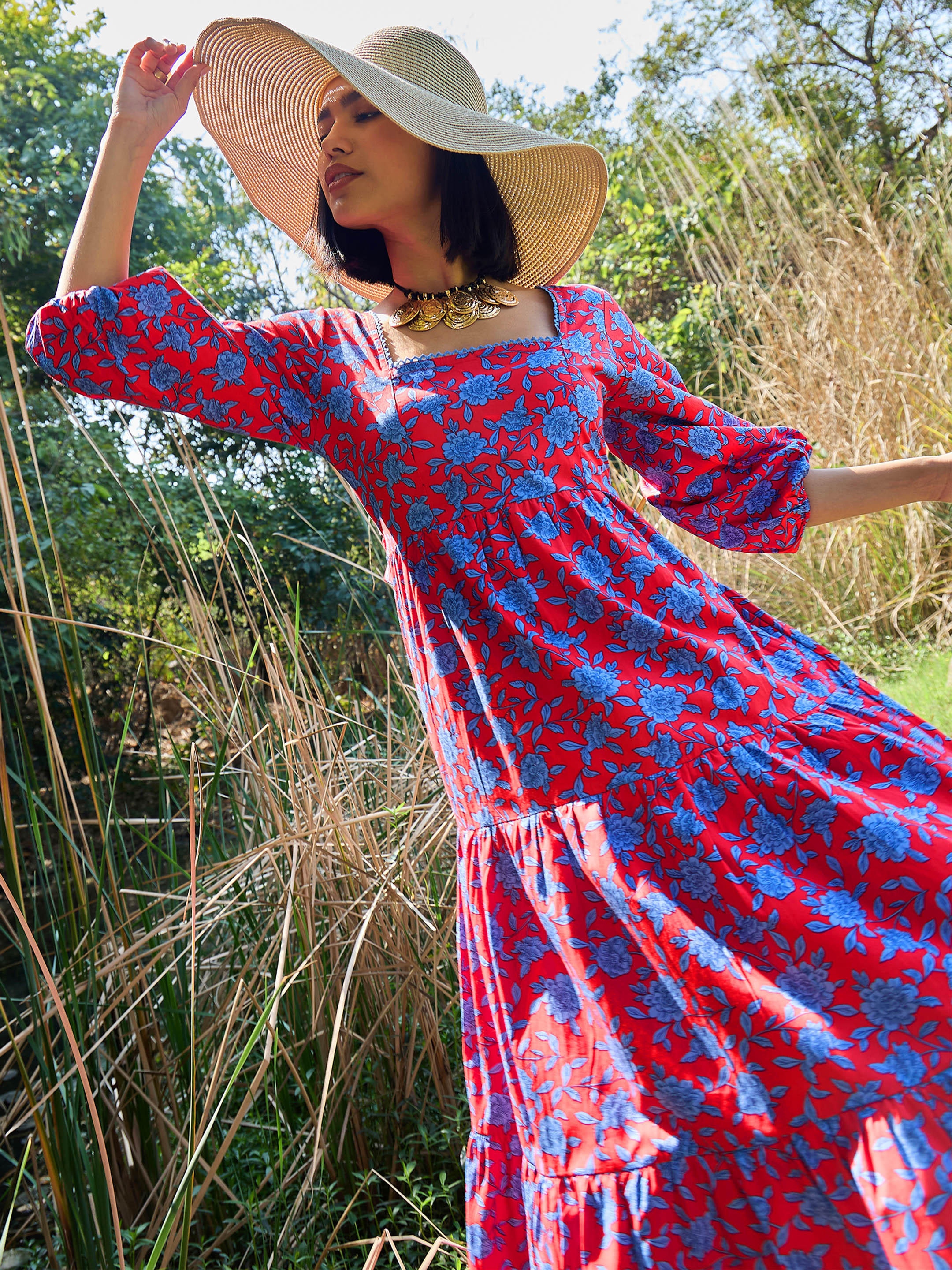 Women Red & Blue Floral Back Tie Knot Midi Dress-SFDRSS13003