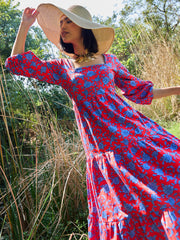 Women Red & Blue Floral Back Tie Knot Midi Dress-SFDRSS13003
