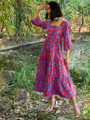 Women Red & Blue Floral Back Tie Knot Midi Dress-SFDRSS13003
