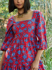 Women Red & Blue Floral Back Tie Knot Midi Dress-SFDRSS13003