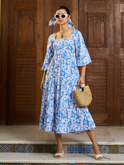 Women Blue & White Floral Back Tie Knot Midi Dress-SFDRSS13004