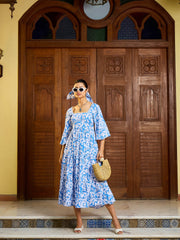 Women Blue & White Floral Back Tie Knot Midi Dress-SFDRSS13004