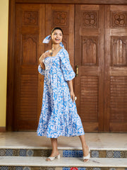 Women Blue & White Floral Back Tie Knot Midi Dress-SFDRSS13004