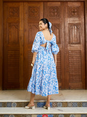 Women Blue & White Floral Back Tie Knot Midi Dress-SFDRSS13004