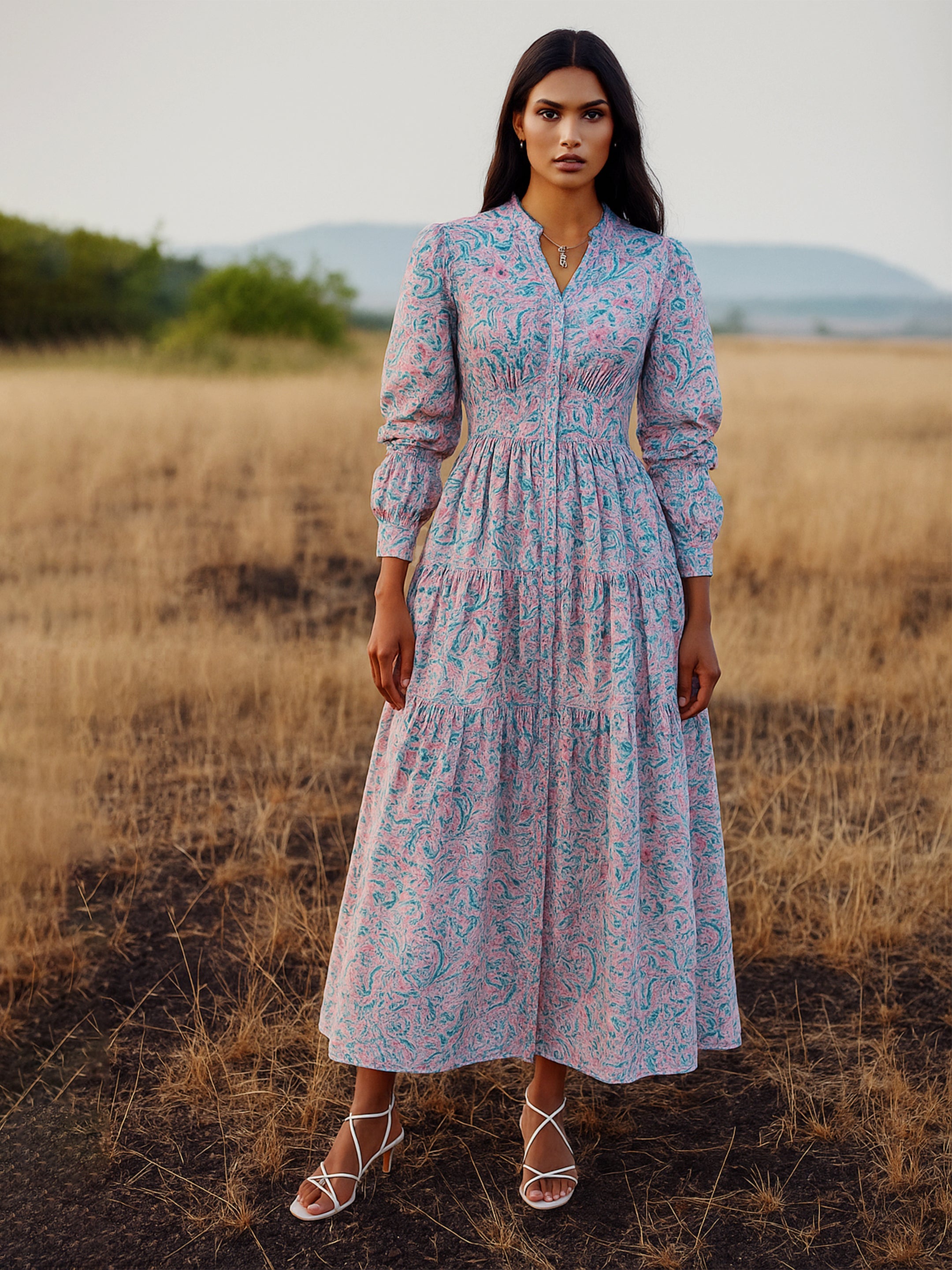 Women Blue Paisley V-Neck Gathered Maxi Dress-SFDRSS13005