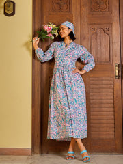 Women Blue Paisley V-Neck Gathered Maxi Dress-SFDRSS13005