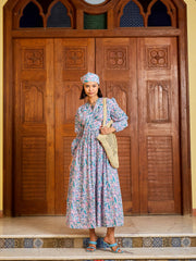 Women Blue Paisley V-Neck Gathered Maxi Dress-SFDRSS13005