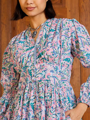 Women Blue Paisley V-Neck Gathered Maxi Dress-SFDRSS13005