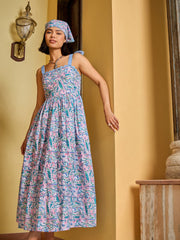 Women Blue Paisley Strappy Tie-up Midi Dress-SFDRSS13006