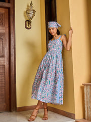 Women Blue Paisley Strappy Tie-up Midi Dress-SFDRSS13006