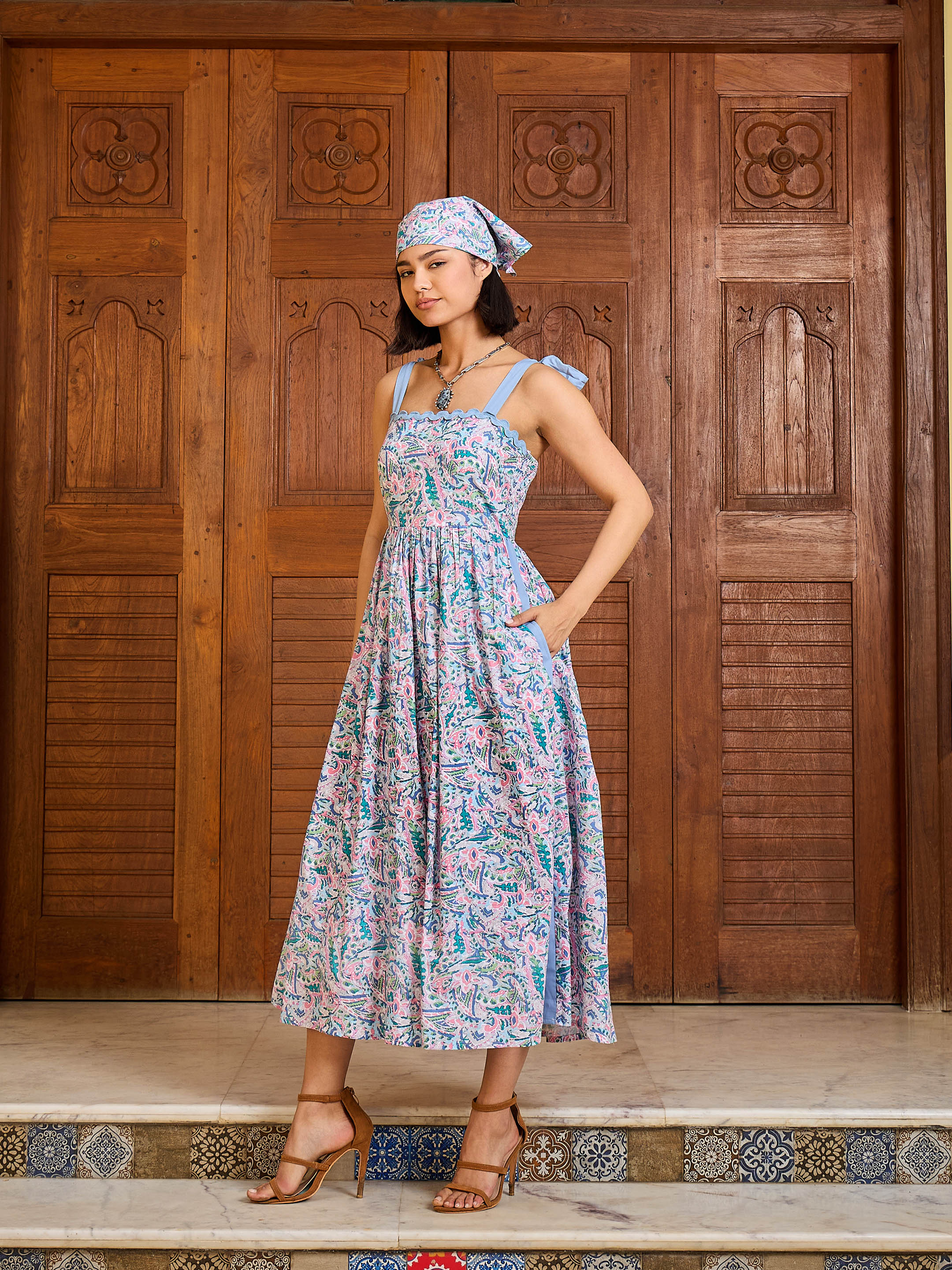 Women Blue Paisley Strappy Tie-up Midi Dress-SFDRSS13006