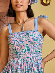 Women Blue Paisley Strappy Tie-up Midi Dress-SFDRSS13006