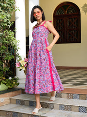 Women Pink Paisley Strappy Tie-up Midi Dress-SFDRSS13007