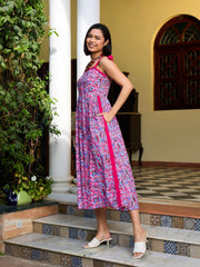 Women Pink Paisley Strappy Tie-up Midi Dress-SFDRSS13007