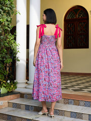 Women Pink Paisley Strappy Tie-up Midi Dress-SFDRSS13007