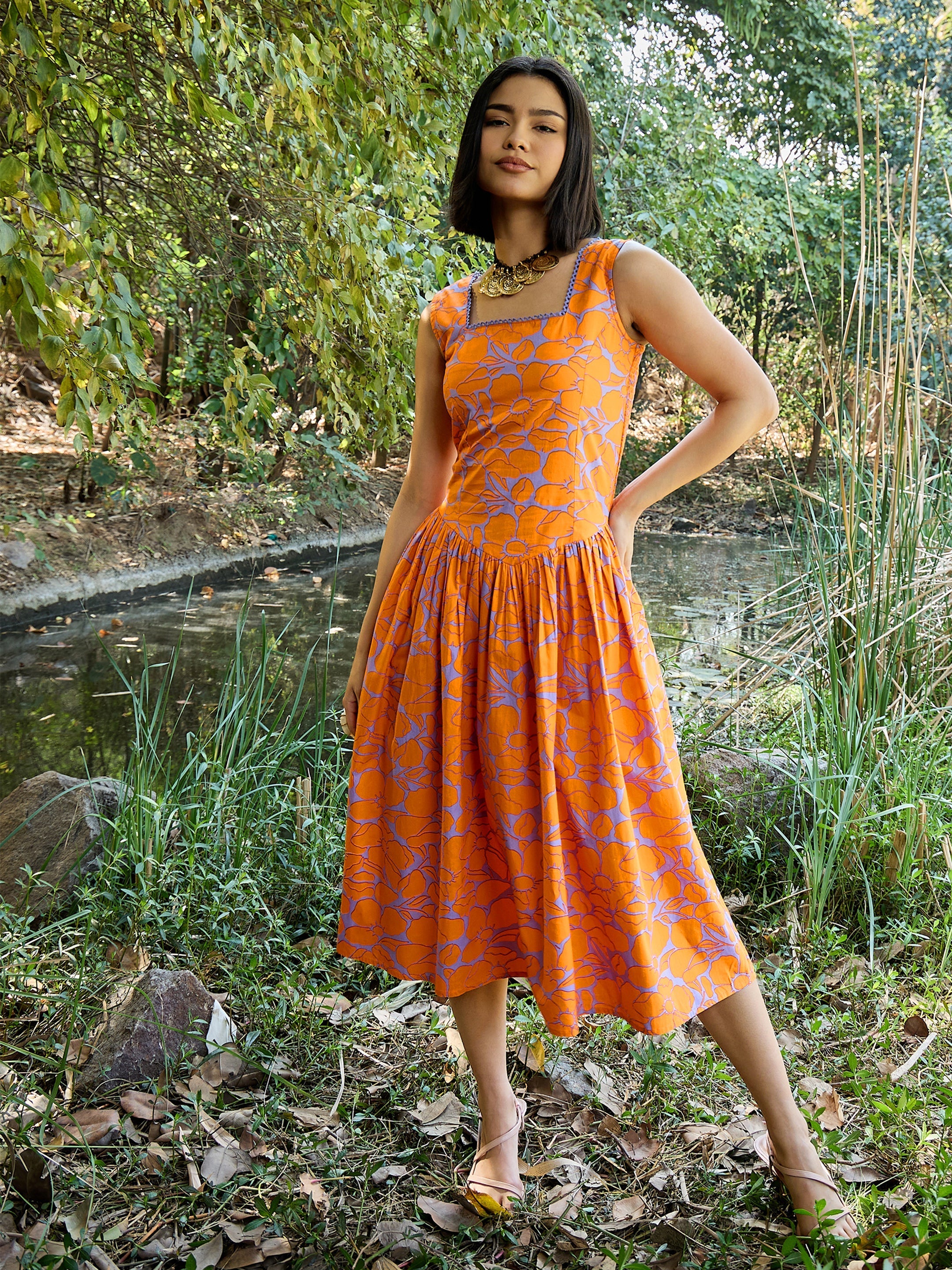 Women Grey & Orange Floral Drop Waist Midi Dress-SFDRSS13009