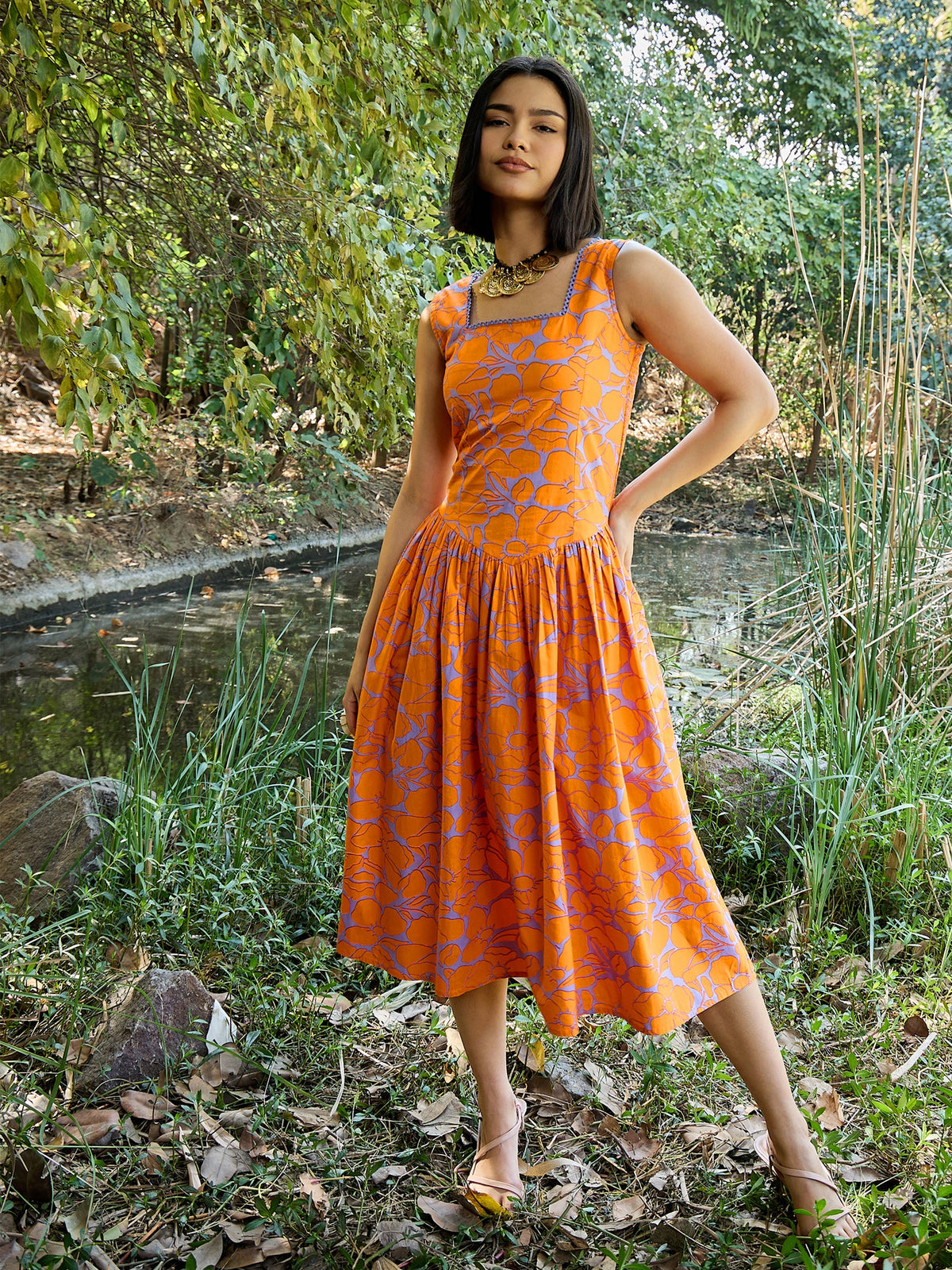 Women Grey & Orange Floral Drop Waist Midi Dress-SFDRSS13009