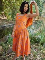 Women Grey & Orange Floral Drop Waist Midi Dress-SFDRSS13009