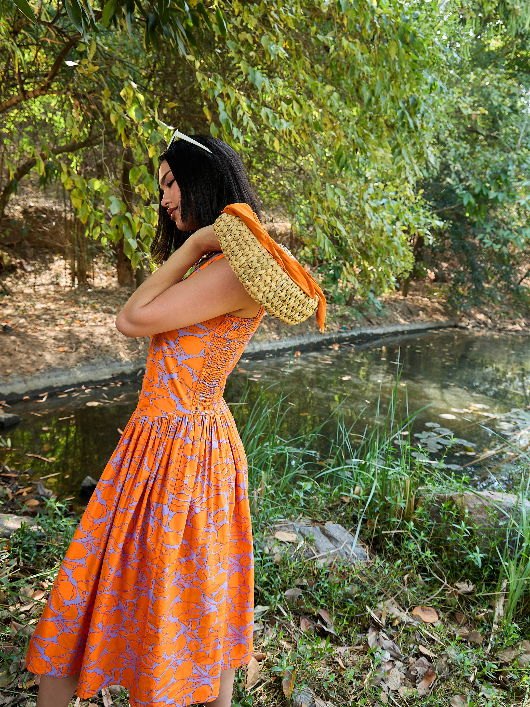 Women Grey & Orange Floral Drop Waist Midi Dress-SFDRSS13009