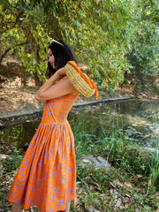 Women Grey & Orange Floral Drop Waist Midi Dress-SFDRSS13009