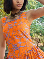Women Grey & Orange Floral Drop Waist Midi Dress-SFDRSS13009
