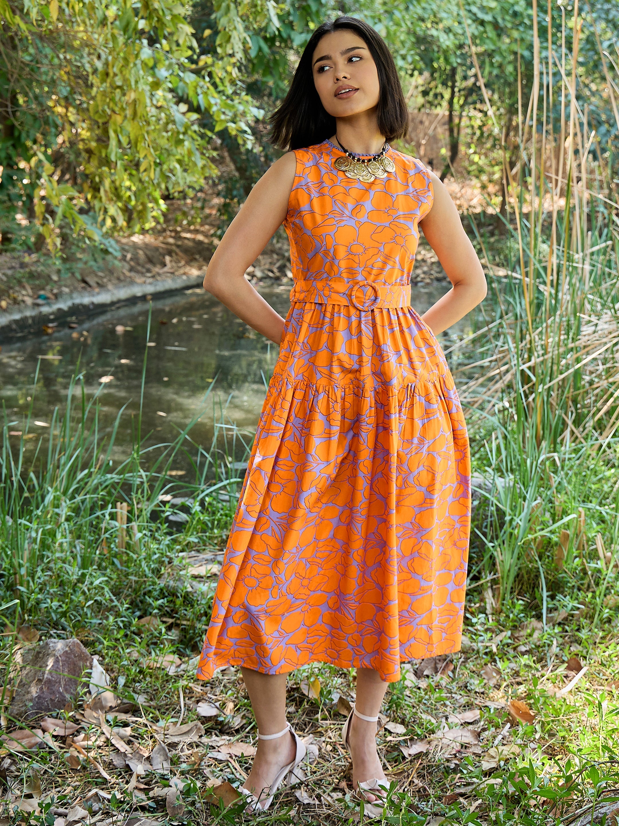 Women Grey & Orange Floral Tiered Midi Dress-SFDRSS13010