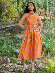 Women Grey & Orange Floral Tiered Midi Dress-SFDRSS13010