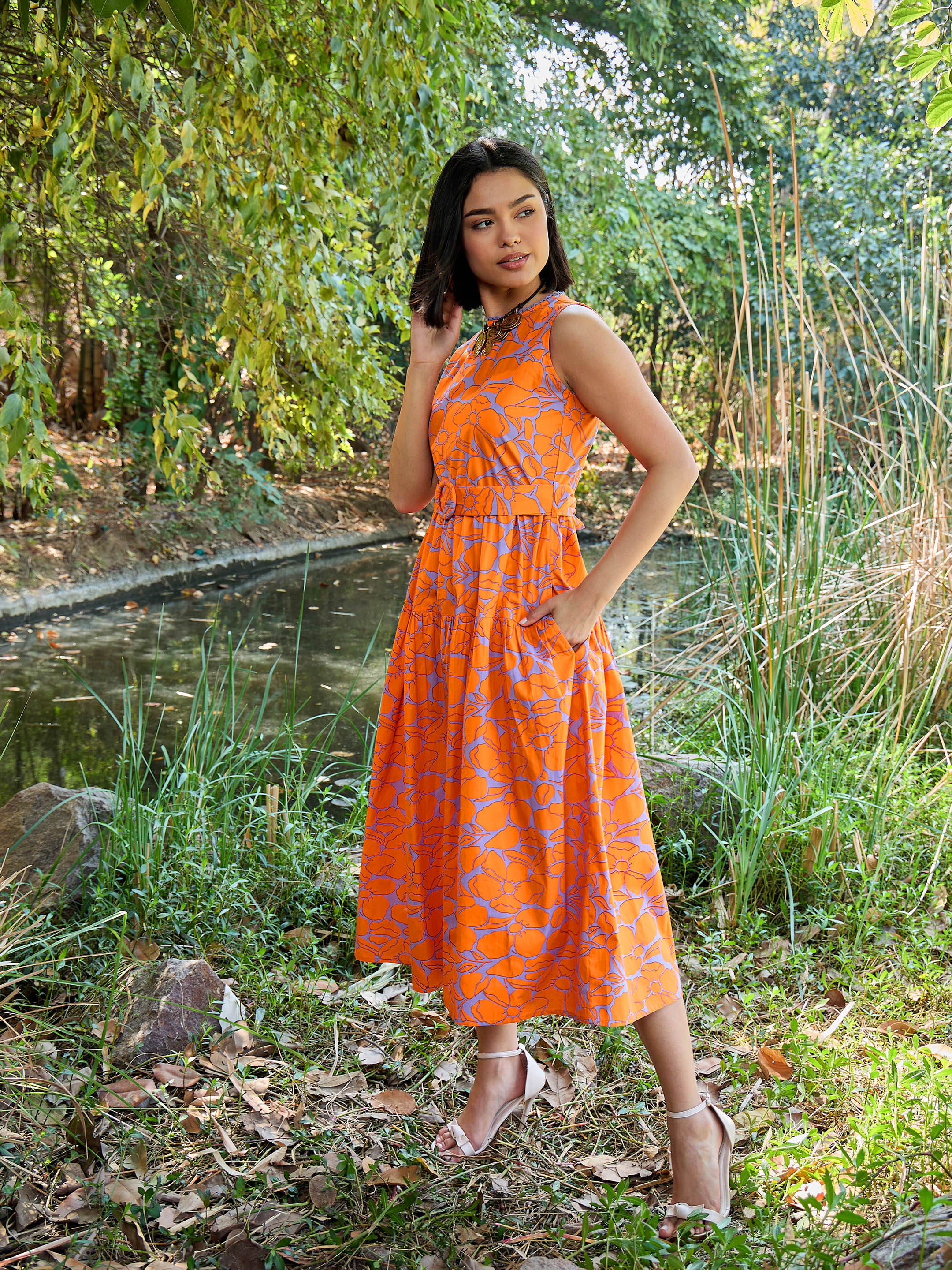Women Grey & Orange Floral Tiered Midi Dress-SFDRSS13010