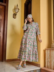Women Green Floral Button Down Tiered Maxi Dress-SFDRSS13012