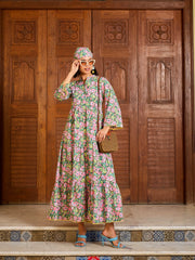 Women Green Floral Button Down Tiered Maxi Dress-SFDRSS13012