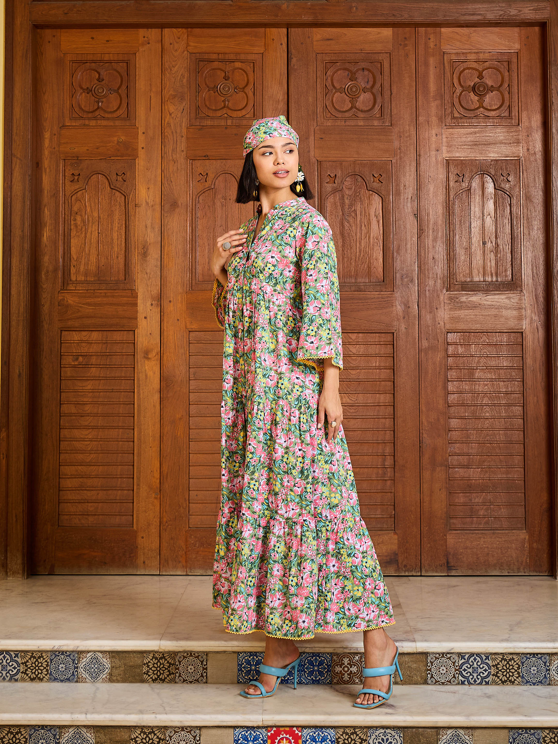 Women Green Floral Button Down Tiered Maxi Dress-SFDRSS13012