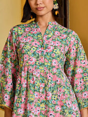 Women Green Floral Button Down Tiered Maxi Dress-SFDRSS13012