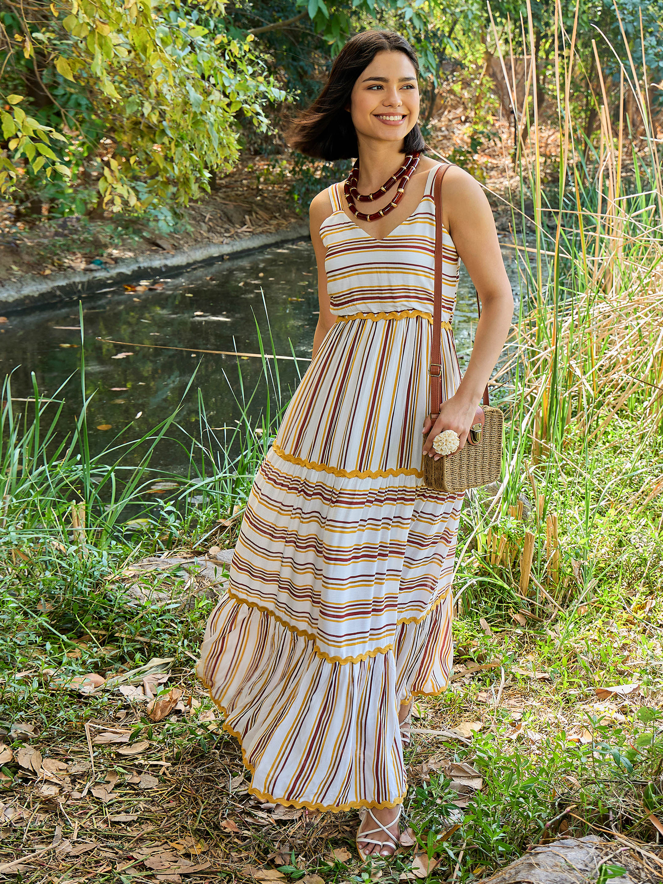 Women White & Yellow Stripes Strappy Maxi Dress-SFDRSS13014