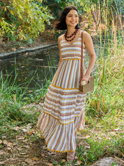 Women White & Yellow Stripes Strappy Maxi Dress-SFDRSS13014