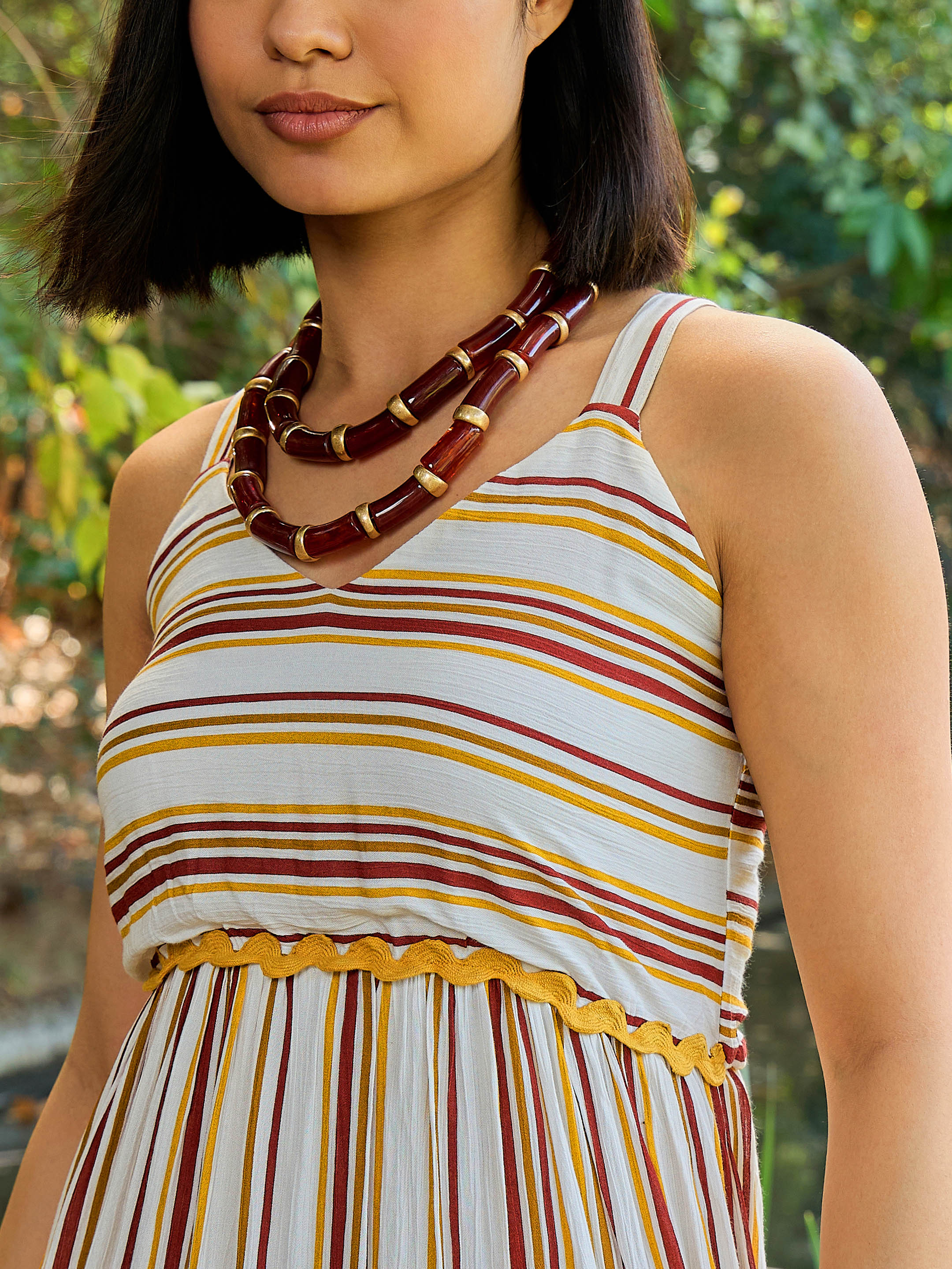 Women White & Yellow Stripes Strappy Maxi Dress-SFDRSS13014