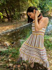 Women White & Yellow Stripes Strappy Maxi Dress-SFDRSS13014