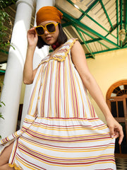 Women White & Yellow Stripes Button Down Short Dress-SFDRSS13015