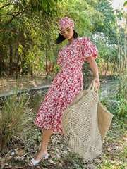 Women White & Red V-Neck Puff Sleeves Midi Dress-SFDRSS13017