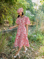 Women White & Red V-Neck Puff Sleeves Midi Dress-SFDRSS13017